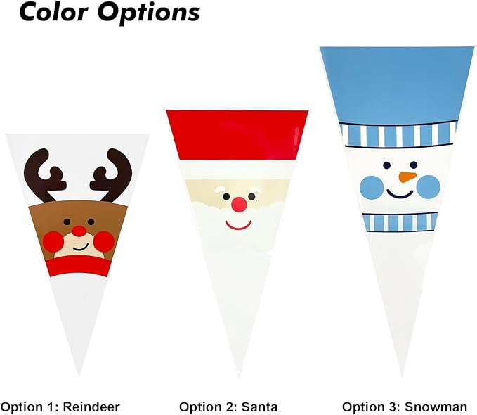 EKAPACKAGING 50Pcs 6.3x11.8 Inches Santa Print Cone Shaped Treat Bags with Ties, Christmas Clear Cellophane Bags, Party Favor Bags for Popcorn, Cookies, Cotton Candy, Gift, and Pretzel Rod