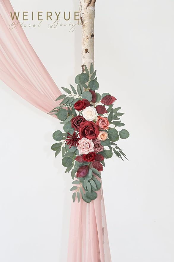 Artificial Wedding Arch Flowers Kit(Pack of 3),2Pcs Artificial Flower Arch Decor,1Pcs Sheer Drape for Wedding Ceremony Arbor for WeddingCeremony (Cream red)
