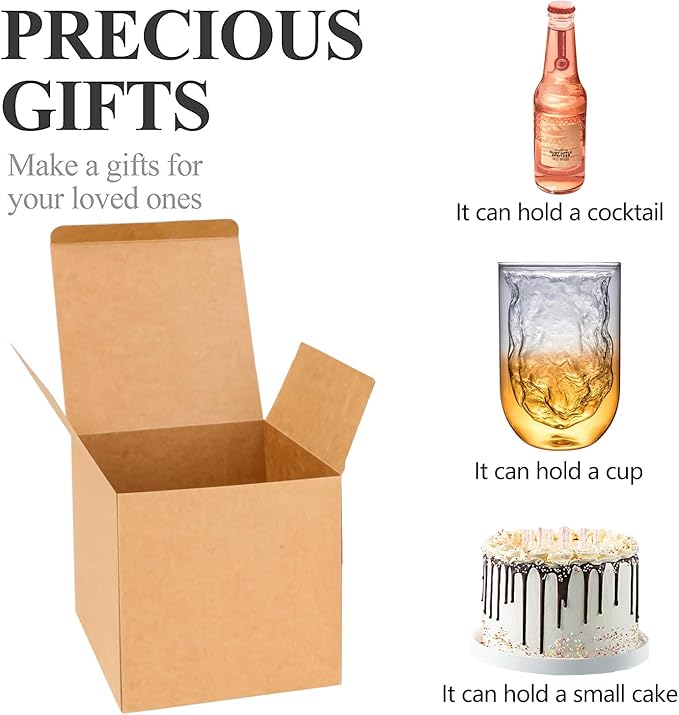 COTOPHER Small Gift Boxes 25 Pack 6x6x6 inches Brown Gift Boxes with Lids for Gifts, Crafting, Wedding Party Favor, Cupcake Boxes, Candy, Bridesmaids Proposal Box with Ribbons and Stickers