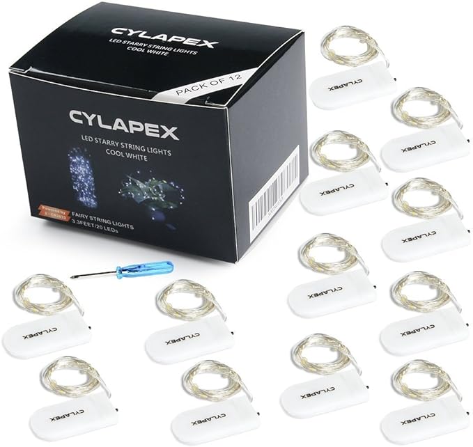 CYLAPEX 12 PCS Fairy Lights Cool White 3.3FT Silvery Copper Wire 20 LED String Lights Battery Powered, Starry String Lights Battery Operated Firefly Lights for Costume DIY Wedding Home Party Christmas