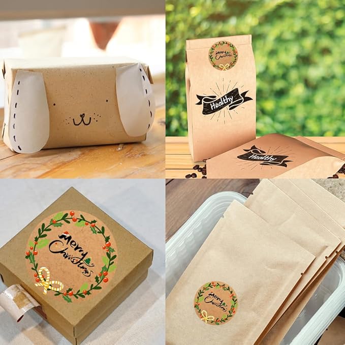 100-1000pcs Custom Stickers Merry Christmas Stickers Personalized Labels Adhesive Xmas Decorative Envelope Seals Stickers for Cards Gift Boxes (Round Kraft -4)