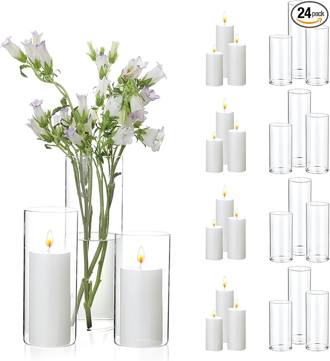 UDU Set of 12 White Pillar Candles and 12 Glass Cylinder Vases Hurricane Holders, Slim Pillar Candle Holder, Cylinder Vases for Centerpieces Wedding Table Party Home Decor(2.6" X 4.7", 5.9", 7.9")