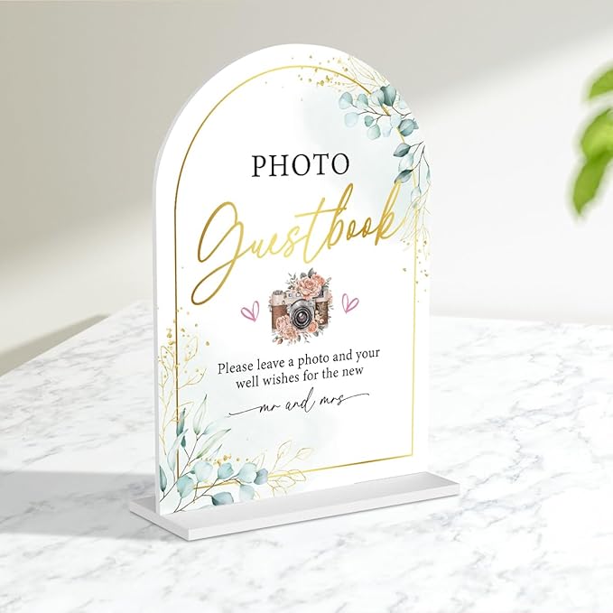 Acrylic Wedding Sign for Ceremony & Reception - 5x7 Inch White Guest Book, Photo Guest Book, Cards & Gifts - Wedding Decor Bundle