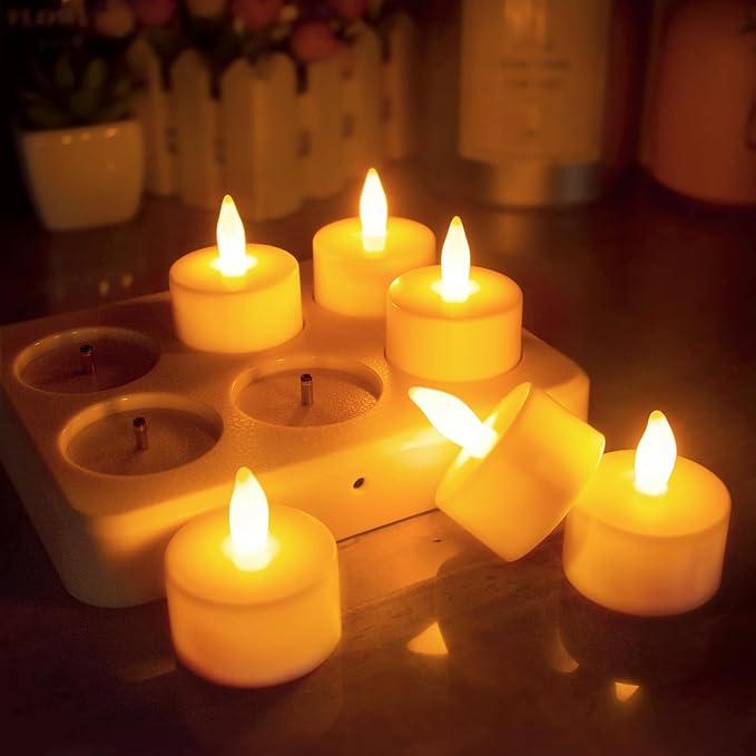 HL Flameless Candles with Remote & Charging Base,6pcs 50+Hours Rechargeable Battery Operated Tea Lights Timer Candles, LED Votive TeaLights Yellow Light for Halloween Christmas Table Centerpiece