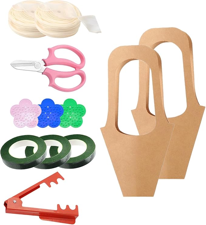 50Pcs 16.5" Kraft Paper Bouquet Bags with Handle, Florist Gift Wrapping Supplies Kit Includes Decorative Lace Ribbon, Floral Tape, Shears for Flower Arranging, Wedding, Party Decor