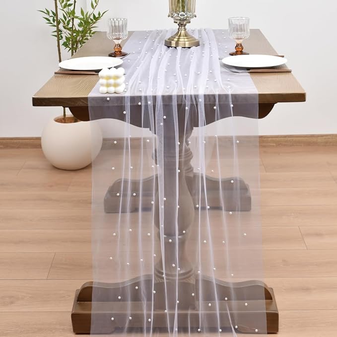 Joanlody Fall Pearl Table Runner 10ft Rustic Boho Tulle Table Runner with Pearls for Baby Shower Wedding Party Veil Dessert Thanksgiving Table Decor White 4pcs