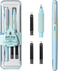 WRITECH Soft Grip Fountain Pen: Black Ink Fine Nib Pen with 1 Replacement Nib Set and 3 Ink Cartridges Smooth Writing for Calligraphy Journaling Gift (Blue)