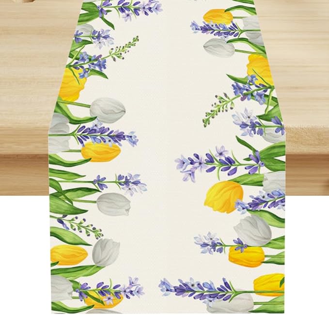 Floral Tulip Lavender Table Runner, Spring Watercolor Flower Plants Nature Butterfly Table Runner for Kitchen Dinner Living Room Home Party, 13x36 Inch