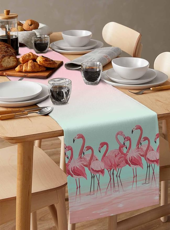 Tropical Flamingo Cotton Linen Table Runner for Dining Kitchen, Wedding Outdoor Party Tablerunners Decoration, Pink Bird Coastal Nautical Animal Dresser Scarf Coffee Tablecloth Runners 13x60 Inches