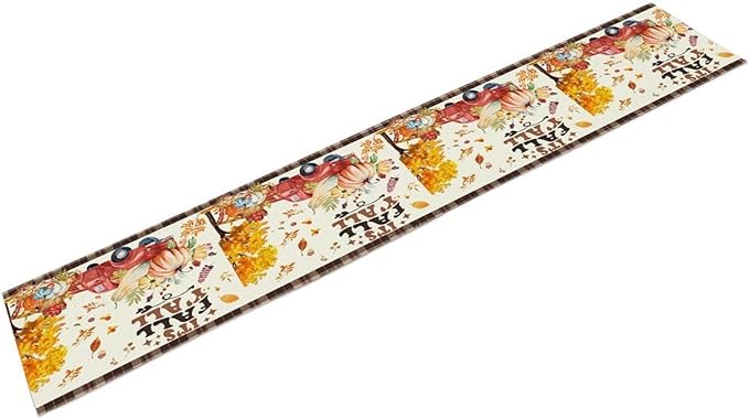 Fall Pumpkin Table Runner,Rustic Maple Yellow Leaf Trees Truncks Brown Plaid Tablecloth Burlap for Hotel Indoors Outdoor Dining Room Kitchen Home Decor,W13X L70 in