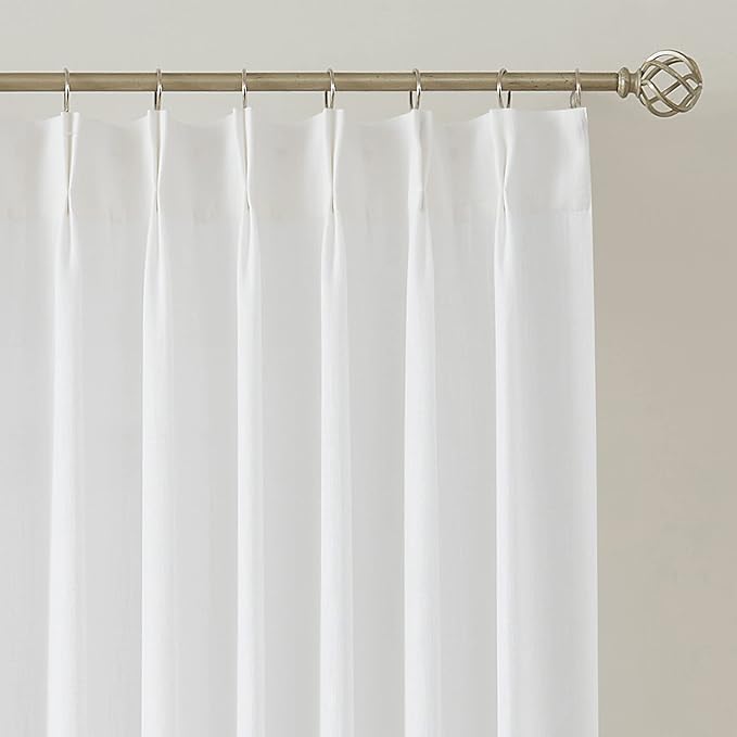 Vision Home White Pinch Pleated Semi Sheer Curtains Textured Light Filtering Window Curtains for Living Room Bedroom Rayon Blended Pinch Pleat Drapes with Hooks 2 Panels 40" Wx63 L