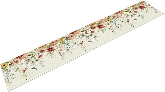 Rustic Floral Table Runner, Watercolor Flower Leaves Hummingbird Butterfly Farmhouse Kitchen Dinning Table Runner for Indoor Outdoor Home Wedding Party Holiday, 13x36 Inch