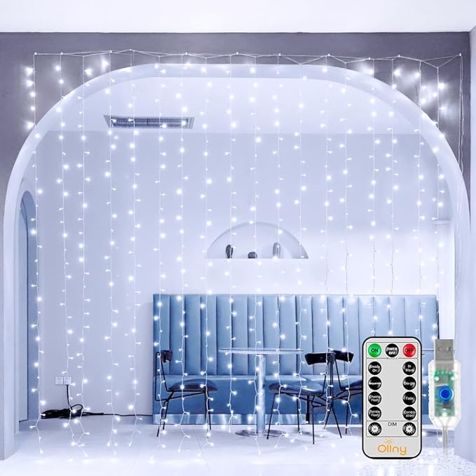 Ollny 300 LED 9.8ftx9.8ft Outdoor Waterproof Christmas Curtain Lights with Remote Timer 8 Modes, USB Powered, Cool White
