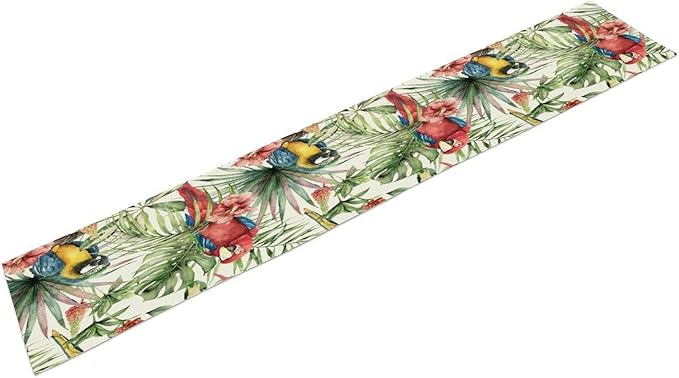 Parrot Table Runner,Tropical Palm Leaf Colorful Macaw Bird Watercolor Print Tablecloth Burlap for Hotel Indoors Outdoor Dining Room Kitchen Home Decor,W13X L80 in