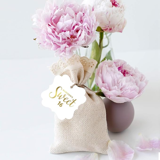 Andaz Press Personalized Fancy Frame Square Birthday Gift Tags, Metallic Gold Ink, Sweet 16 Birthday, 24-Pack, Custom Made Name, Gold Party Decor