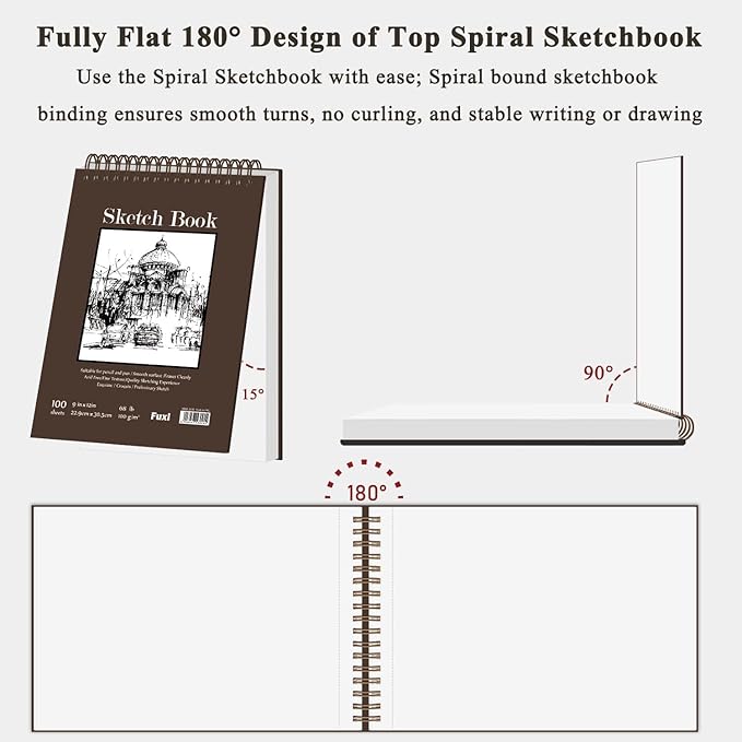 9"X12" Sketch Book Bulk, Top Spiral Bound Sketch Pad, 3 Pack 100 Sheets Each (68lb/100gsm), Acid Free Art Sketchbook Artistic Drawing Painting Writing Paper for Kids Adults Beginners Artists