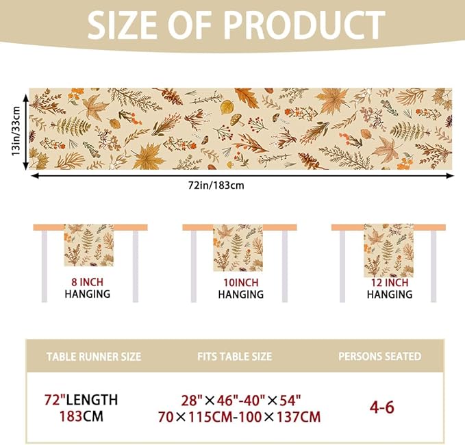 Grey Wildflower Leaves Floral Fall Table Runner, Seasonal Autumn Harvest Thanksgiving Burlap Farmhouse Indoor Outdoor Fall Kitchen Dining Decoration for Home Party 13x72 Inch