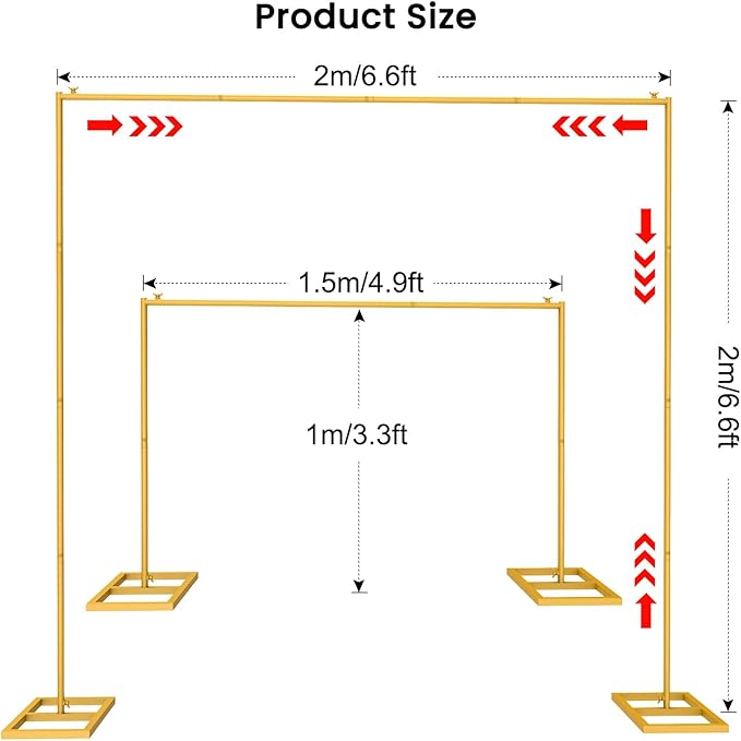 Backdrop Stand, 6.6FT x 6.6FT Backdrop Stand Heavy Duty, Gold Pipe and Drape Stand with Base Square Metal Arch Frame for Wedding, Birthday Party, Baby Shower Decorations