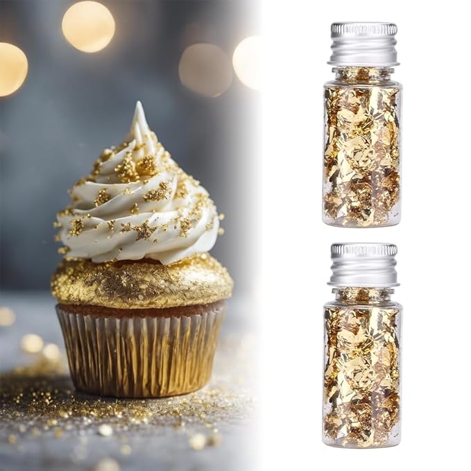 Lwuey Decorating Flakes, Gold Leaf Cake Decoration Flake Goldlen Toppers Gilding Foil Decor Imitation Metallic Decorative Drink Cooking Chocolates Cakes Drinks Dessert Cupcake Makeup 4PCS