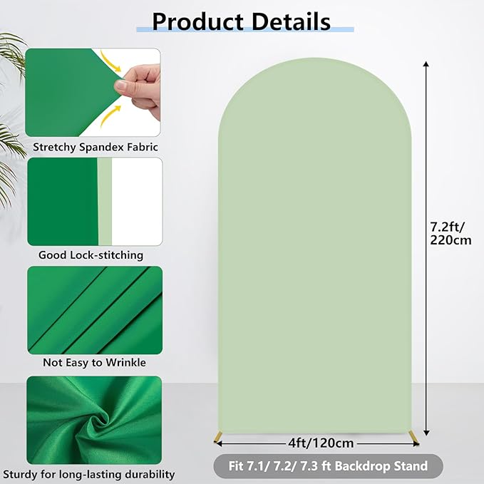 HEMMOTOP 7.2 ft Arch Backdrop Cover(One Piece Double Color), Green and Sage Green Spandex Arch Stand Covers, Fabric Stretchy Background for Balloon Arches, Wedding, Birthday Party, Baby Shower