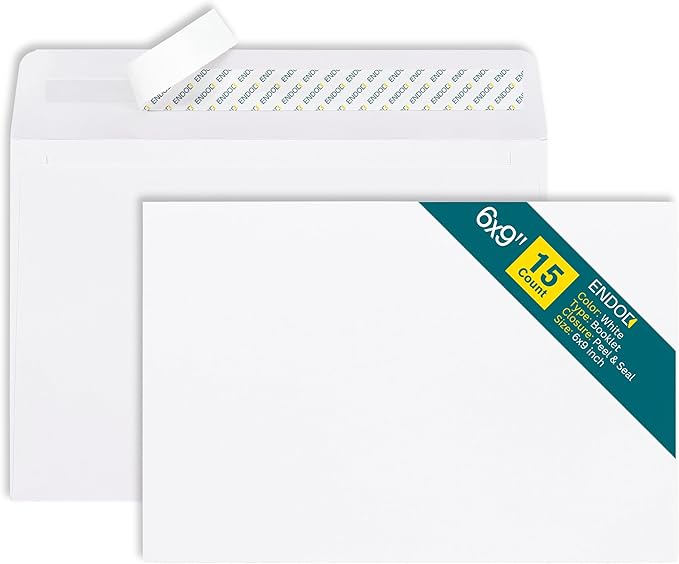 6x9 Open-Side Envelopes - 15 Pack - White, Self-Seal, Peel & Seal Closure - 28 lb Paper - Plain - Business & Personal Use