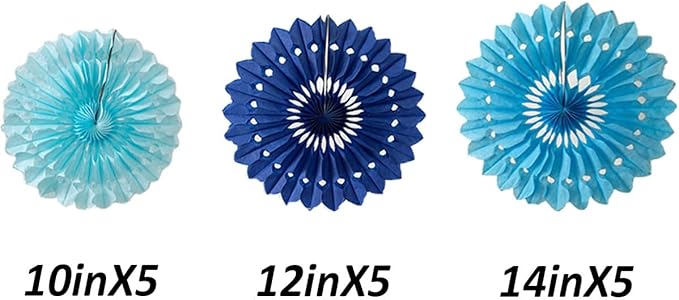 15pcs Blue Tissue Paper Fans Set - 10'' 12'' 14'' Round Honeycomb Fans for Party, Birthday, Wedding Events