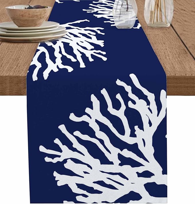 Coastal Coral Cotton Linen Table Runner for Dining Kitchen, Wedding Outdoor Party Tablerunners Decoration, Navy Blue Nautical Ocean Beach Dresser Scarf Coffee Tablecloth Runners 13x72 Inches
