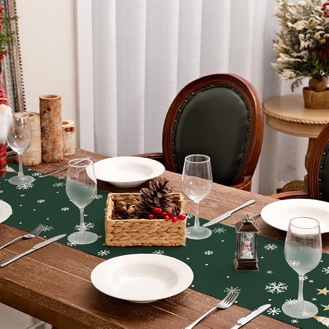 GEEORY Christmas Table Runner 13x120 Inch, Xmas Trees Snowflakes Holiday Decorative Farmhouse Table Decoration for Kitchen Dinning, Indoor Outdoor Dinner Party Decor (Green) GT152-120