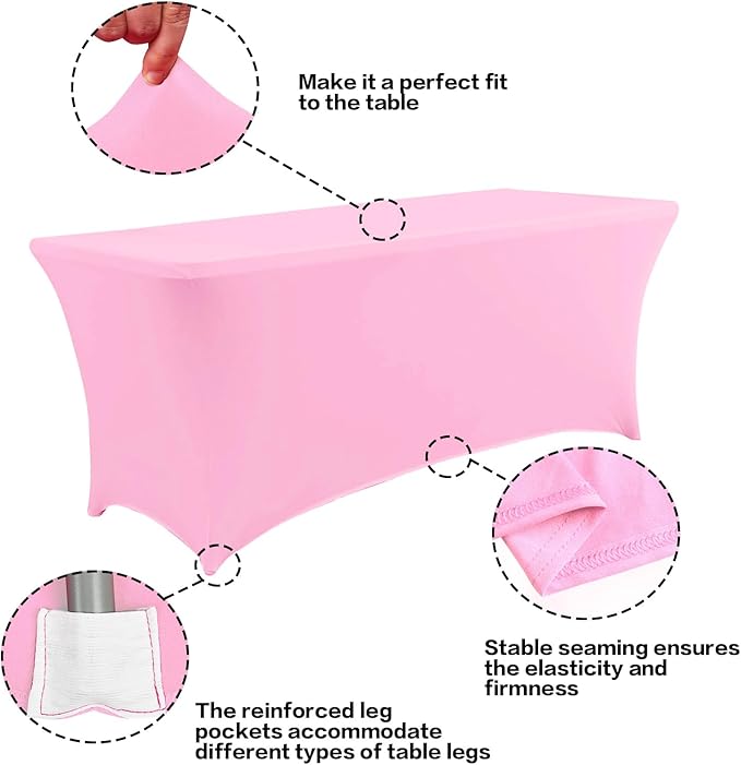 IVAPUPU 2 Pack 4FT Table Cloth for Rectangular Fitted Events Stretch Pink Table Covers Washable Cover Spandex Tablecloth Protector for Party, Wedding, Cocktail, Banquet, Festival