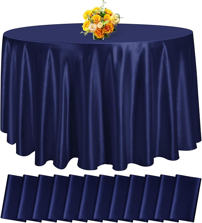 fani 12 Pack 120 Inch Navy Blue Satin Tablecloth - Premium Bright Silky Round Tablecloth Overlay Smooth Fabric Table Cover, Table Decoration for Wedding Party Banquet Events Restaurant Kitchen Dining