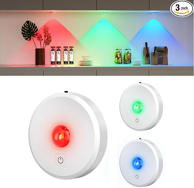 RGB Puck Lights with Remote Control, 2000mAh Rechargeable Stick on Led Lights, 9 Colors & 2 Dynamic, Tap Light with Timing,Under Cabinet Lighting for Closet,Kitchen,Cabinet,Shelf(White, 3 Pack)