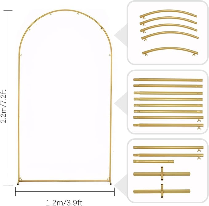 Vincidern 7.2 ft Balloon Arch Backdrop Stand Gold, Wedding Arch for Birthday Party, Bridal Baby Showers, Wedding Ceremony Arch Frame Metal