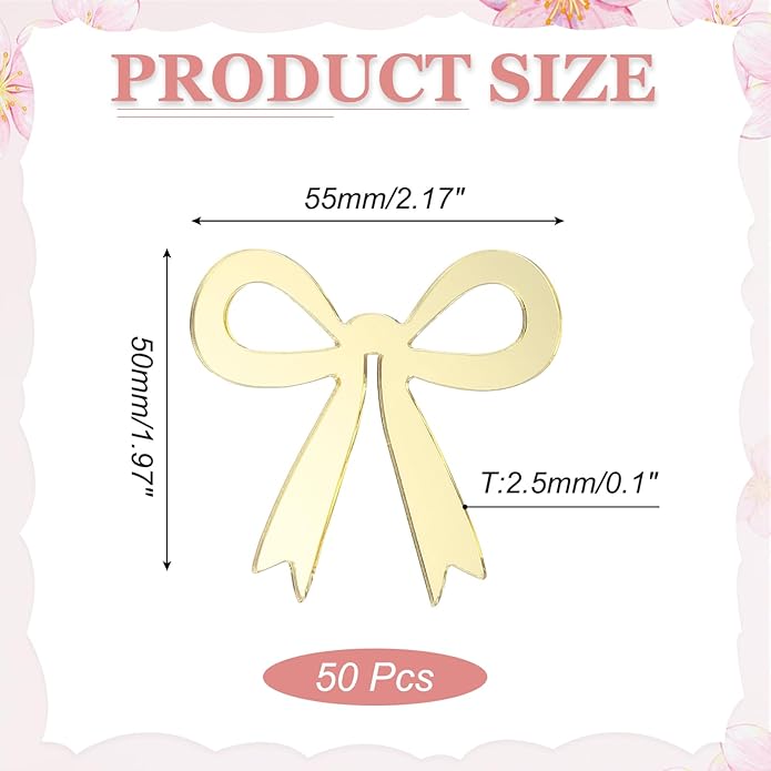 PATIKIL 50 Pcs Bow Drink Tags, Acrylic Wine Glass Charms Reusable Drink Markers for Party Wedding Birthday and Events Accessories, Mirror Gold