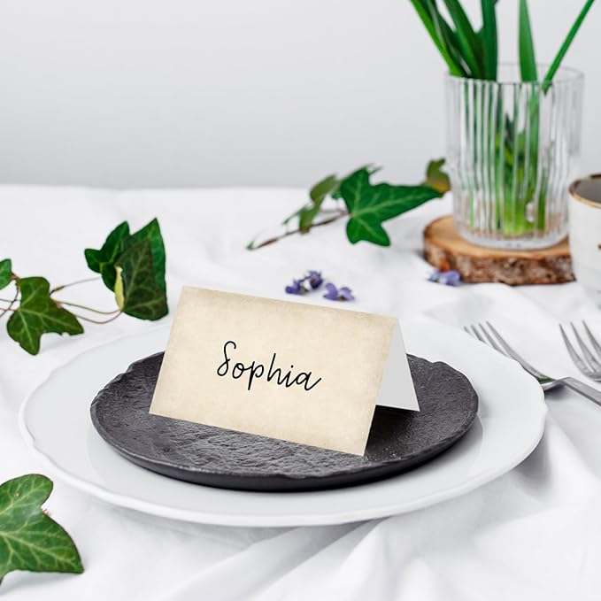 25 Pack Vintage Brown Place Cards, Editable Name Cards for Table Setting, Tent Cards Food Label for Dinner Party, Bridal Shower, Wedding, Baby Shower and Events -T34
