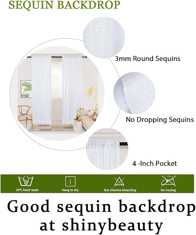 ShinyBeauty White Sequin Photo Backdrop 4x10FT (120") - Sparkly Glitter Photography Background 2 Panels for Christmas, Halloween, Xmas, Birthday Party Studio Decor - Premium Durable Event Backdrops