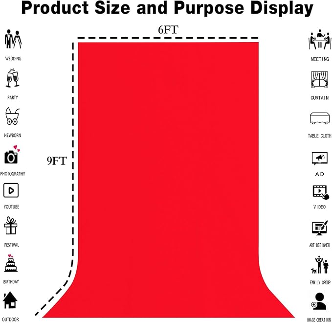 6x9FT Solid Red Screen Backdrop Background for Photography, Photo Backdrop Photoshoot Props