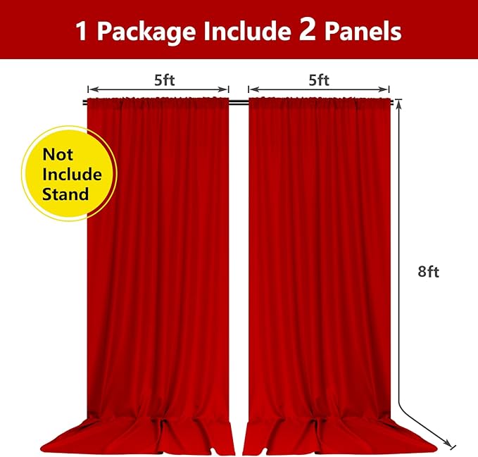 10ft x 8ft Red Backdrop Curtains for Party Valentine's Day Arch Stage Wedding Ceremony Curtains Fabric Photography Backdrop for Baby Showers Rod Pocket Home Decoration, 5ft x 8ft, 2 Panels