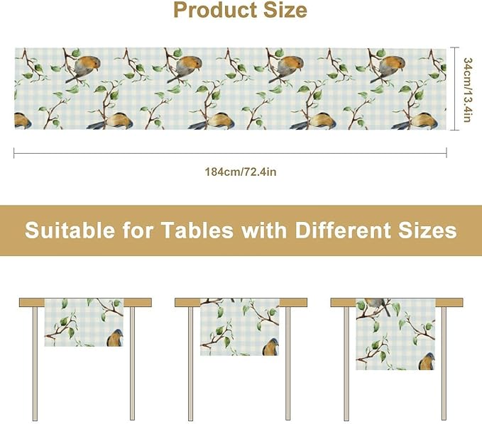 Bird Table Runner,Spring Birds Tree Blue Plaid Print Table Runner for Kitchen Dining Table Decoration Home Party Decor 13x108 Inch