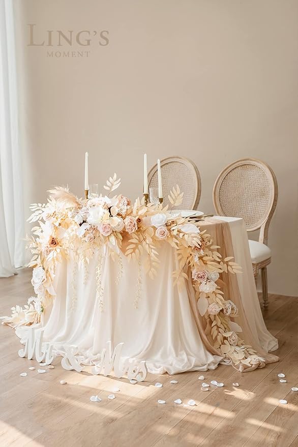 Ling's Moment 9FT Flower Garland for Backdrop Decorations - Wedding Arch Flowers, Eucalyptus & Rose, Artificial Floral Garland for Mantel - Sweetheart Table Decor for Ceremony Reception, White & Beige