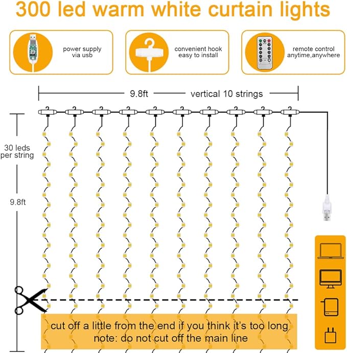 AOMIG Fairy Curtain Lights,300 LED White Window Curtain String Light,8 Modes 9.8×9.8Ft Waterproof Curtain String Light USB Powered with Remote Control,Christmas String Lights for Indoor/Outdoor