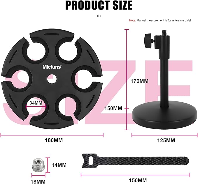 Multi Microphone Holder, Wired and Wireless Mic Holder for Stand, Hold Up to 6 Microphones, Aluminum, Black with stand (Desk)