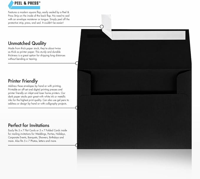 LUXPaper A7 Invitation Envelopes | Peel & Press | 5 1/4" x 7 1/4" | Black Linen | 80lb. Text | 50 Qty