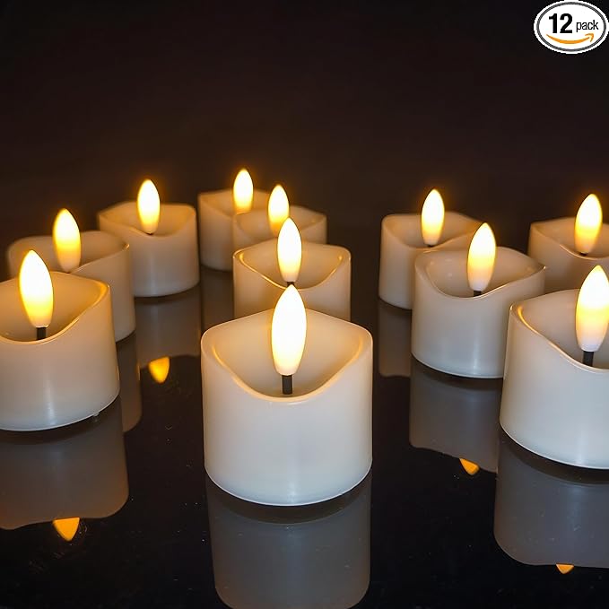 12 Pack Battery Operated Votive Candles 1.5 x 1.67 inches Flameless Votive Tealights Black Wick Tea Lights LED Electric Fake Candles Realistic for Wedding Christmas Thanksgiving Party Decoration