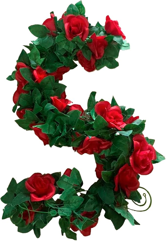 4 Pack Artificial Rose Vine Garland Fake Roses Flowers Plants Vines Hanging Floral Leaves Decoration for Wedding Party Table Garden Arch Wall Home Room Decor(Red)
