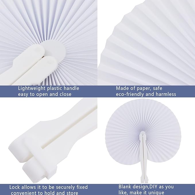 ZWIN 48 Pcs Paper Fans Wedding Paper Fans for Guests Pocket Folding Paper Fans with Plastic Handle White Blank Paper Fans for Guests Celebartion Party Decoration