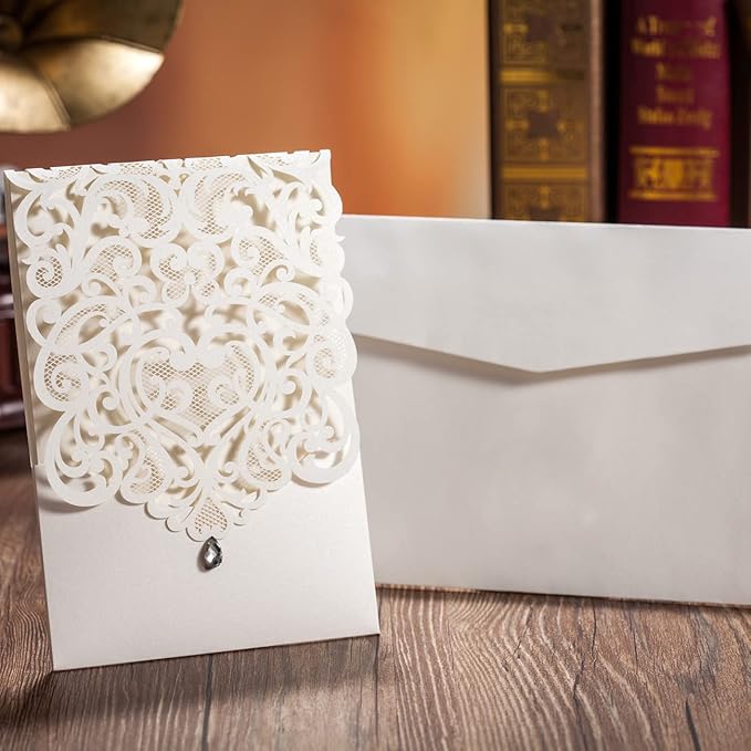 Hosmsua 50PCS White Wedding Invitations Kit 5 x 7.3 Inch Laser Cut Hollow Rose Rhinestone Pocket with Envelope for Quinceanera Bridal Shower Invite (White Ivory)