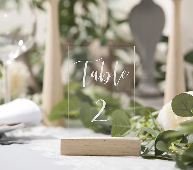 UNIQOOO 50 Pack Oak Wood Table Number Stands | 1/8” Thick Acrylic Sign Holders | Display Stands | Place Card Holder, Perfect for Retail Shop Wedding Dinner Party, Events Decoration, Retail Shop