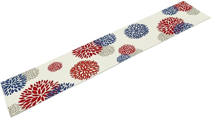 4th of July Table Runner, Blue Red Dahlia Flower American Patriotic Memorial Day Table Runner for Farmhouse Kitchen Dining Table Party Decor, 13x70inch