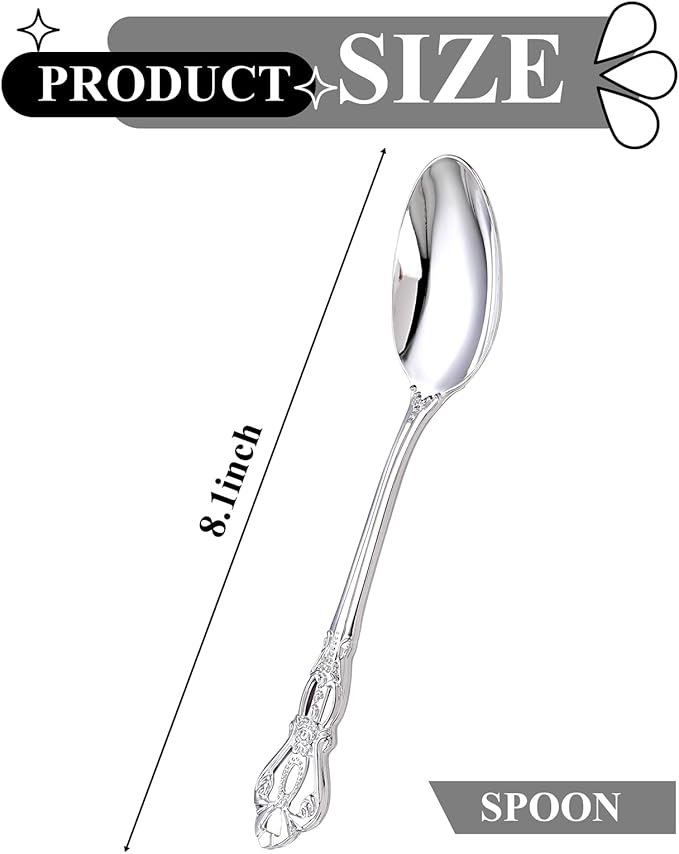 30PCS Silver Plastic Spoons - Silver Spoons Disposable - 8.1 Inch Heavy Duty Plastic Silverware - Heavyweight Elegant Disposable Utensils for Catering, Parties, Dinners, Weddings