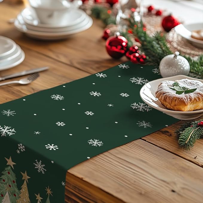 GEEORY Christmas Table Runner 13x108 Inch, Xmas Trees Snowflakes Holiday Decorative Farmhouse Table Decoration for Kitchen Dinning, Indoor Outdoor Dinner Party Decor (Green) GT152-108